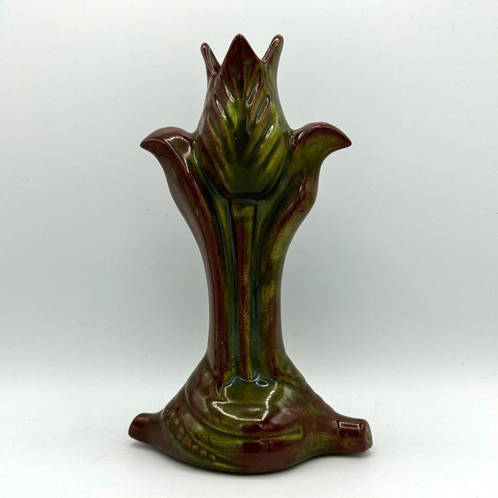 Vintage 1950s Tulip Vase with Variegated Brown and Dark Green Glaze